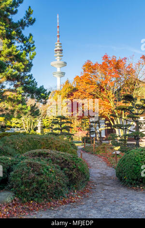 Vista dal giardino Giapponese all'interno del parco Planten un Blomen alla torre della TV in autunno, Amburgo, Germania, Europa Foto Stock