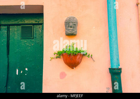 Pianta in un vaso attaccato ad un rosa pastello parete colorata con il vecchio verde porta di legno, di blu pallido e di gronda piccolo viso scolpito in pietra. Cinque Terre, ho Foto Stock