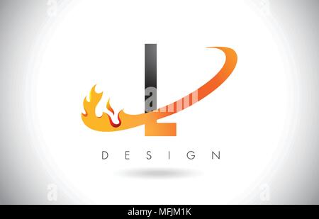 L Lettera Logo Design con fiamme di fuoco e Orange Swoosh illustrazione vettoriale. Illustrazione Vettoriale