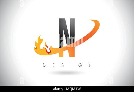 Lettera n Logo Design con fiamme di fuoco e Orange Swoosh illustrazione vettoriale. Illustrazione Vettoriale