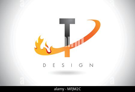 Lettera T Logo Design con fiamme di fuoco e Orange Swoosh illustrazione vettoriale. Illustrazione Vettoriale