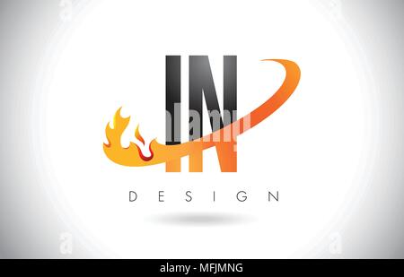 IN I N Lettera Logo Design con fiamme di fuoco e Orange Swoosh illustrazione vettoriale. Illustrazione Vettoriale