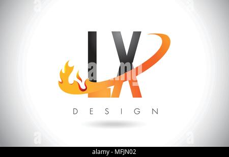 LX L X Lettera Logo Design con fiamme di fuoco e Orange Swoosh illustrazione vettoriale. Illustrazione Vettoriale