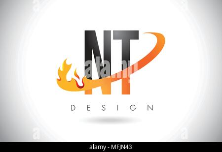 NT N T Lettera Logo Design con fiamme di fuoco e Orange Swoosh illustrazione vettoriale. Illustrazione Vettoriale