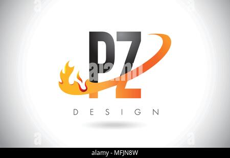 PZ P Z Lettera Logo Design con fiamme di fuoco e Orange Swoosh illustrazione vettoriale. Illustrazione Vettoriale