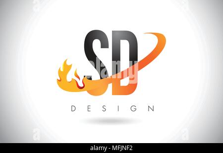 SD S D Lettera Logo Design con fiamme di fuoco e Orange Swoosh illustrazione vettoriale. Illustrazione Vettoriale
