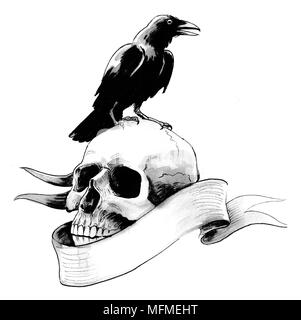 Raven seduto su di un teschio umano. L'inchiostro bianco e nero disegno Foto Stock