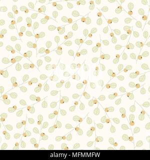 Disegnata a mano con motivi floreali di vettore seamless pattern con rami e foglie su sfondo beige. Molla di carino decorazione con piante e bacche di colore giallo. Illustrazione Vettoriale