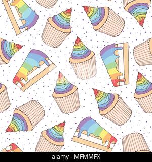 Disegnato a mano pasticceria vettore seamless pattern con pezzi di torta e tortine coperti con colorati rainbow topping. La Pop art ornamento sulla backgro punteggiata Illustrazione Vettoriale