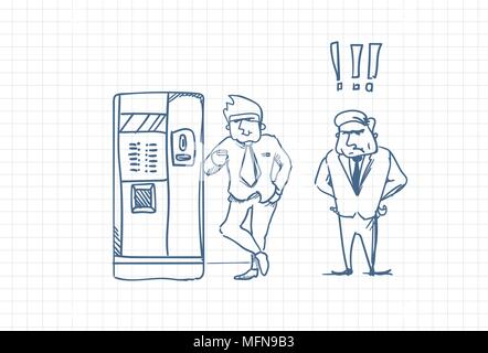 Angry Business Man Boss guardando al lavoratore lo schizzo di bere il caffè Doodle su carta quadrettata sfondo Illustrazione Vettoriale