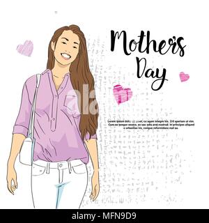 La Festa della Mamma biglietto di auguri con donna sorridente su sfondo del modello Illustrazione Vettoriale