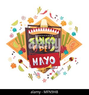 Cinco De Mayo Mexican Holiday Greeting Card decorazione Design Poster Illustrazione Vettoriale