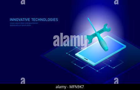 Computer service riparazione smartphone isometrica. 3d blu piatto di supporto tecnico cacciavite futuro banner di moderna tecnologia aziendale. Prova del processo diagnostico sfondo infografico illustrazione vettoriale Illustrazione Vettoriale