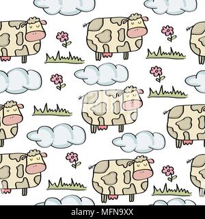 Doodle seamless pattern con mucche, vettoriale EPS 10 Illustrazione Vettoriale