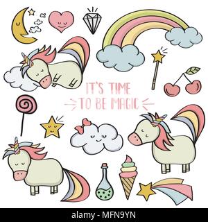 Doodle insieme di elementi con unicorns e altra fantasia elementi magici. Vettore Illustrazione Vettoriale