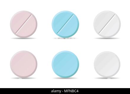 Set di bianco, azzurro e rosa round pillole medicinali di vario genere, vettore isolato su sfondo bianco con ombra Illustrazione Vettoriale