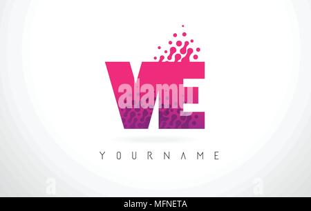 VE V lettera E Logo con lettere rosa e viola e particelle di colore punti Design. Illustrazione Vettoriale