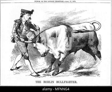 Il torero Berlino' cartoon da John Teniel da 'Foratura', Londra, 17 aprile 1875, mostrando il Cancelliere tedesco Otto von Bismarck soggiogare la Chiesa Cattolica Romana sotto forma di un toro che indossa la corona Papl. Foto Stock