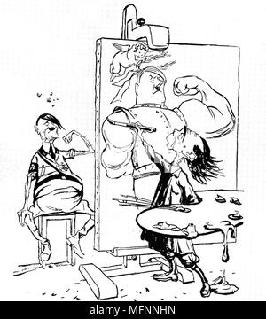 Cartone animato che mostra un artista (Josef Goebbels) raffigurante Hitler come un guerriero teutonico cavaliere. Foto Stock