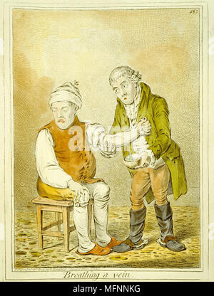 Respirare una vena sanguigna dei fitti. Medico spurgo di un paziente dal braccio, 1804. Cartone animato da James Gillray (1757-1815) caricaturista inglese. Foto Stock