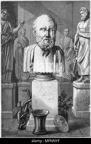 Ippocrate di Cos (c460-377 o 359 BC) Greco antico medico. Il 'padre della medicina" che hanno gettato le fondamenta di una base scientifica per la medicina. Ha insegnato che i quattro umori (sangue, flemma, bile nera e bile gialla) sono state le principali sedi di malattia. Incisione Foto Stock