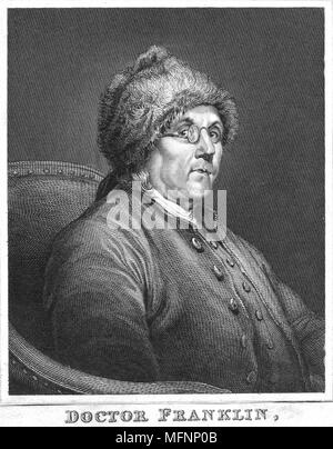 Benjamin Franklin (1706-1790) scienziato e statista americano. Indossare occhiali bifocali che egli ha inventato nel 1775. Incisione Foto Stock