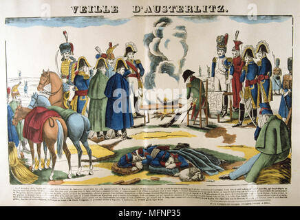 Napoleone la sera prima di Austerlitz. La battaglia di Austerlitz (Bitva u Slavkova) noto anche come la battaglia dei Tre Imperatori, 1 dicembre 1805. Decisiva vittoria francese oltre il russo e imperi austriaco, uno di Napoleone più grandi vittorie. Popolari francesi colorate a mano la xilografia. Foto Stock