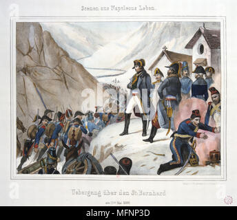 Napoleone attraversando le Alpi in san Bernardo con il francese esercito di riserva , la molla 1800. La puntasecca Foto Stock