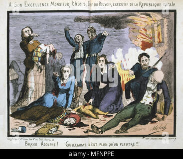 Cartoon di Moloch contro il politico francese Louis Adolphe Thiers (1797-1877) dopo la caduta della Comune di Parigi il 28 maggio 1871. Foto Stock
