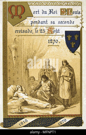 Luigi IX di Francia (Saint Louis 1214-1270). Louis morendo di peste o dysentry a Tunisi per la sua seconda Crociata. Xix secolo scheda commerciale litografia Foto Stock