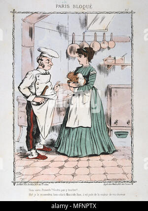 Guerra franco-prussiana 1870-1871: assedio di Parigi 19 settembre 1870-28 gennaio 1871. Lo Chef cerca di rassicurare la donna che egli non era suggerendo la cottura il suo animale domestico. Da 'Paris Bloque', Faustin Betbeder. Francia Germania penuria alimentare la fame Foto Stock