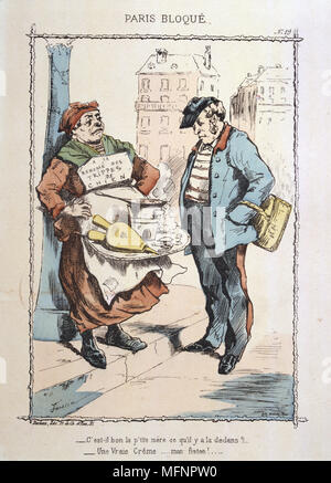 Guerra franco-prussiana 1870-1871: assedio di Parigi 19 settembre 1870-28 gennaio 1871. Guardsman nazionale non voglia la delicatezza del venditore ambulante offre - cane frattaglie. Da 'Paris Bloque', Faustin Betbeder. Francia Germania penuria alimentare la fame Foto Stock