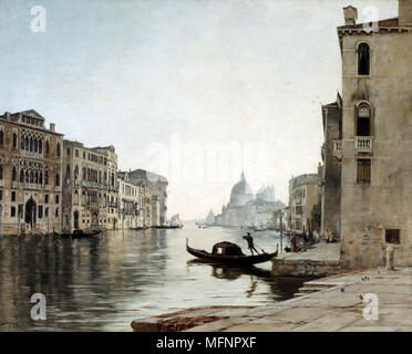 Venezia - Gondola sul Canal Grande", ottobre 1892. Olio su tela. Emmanuel Lansyer (1835-1893) francese pittore paesaggista. Vista guardando verso la salute. Italia acqua Foto Stock