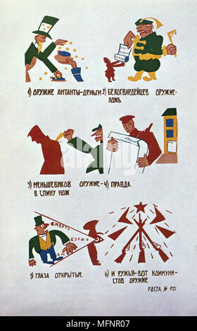 Fenetre ROSTA', 1920, (Stato Russo Agenzia telegrafica) caricatura contro la Menchevics da Vladimir Mayakovsky (1893-1930) poeta sovietico, drammaturgo e disegnatore. La Russia URSS comunista comunismo Foto Stock