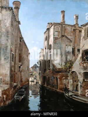 Venezia, nei pressi della chiesa di San Sebastiano, 1892. Olio su tela. Emmanuel Lansyer (1835-1893) francese pittore paesaggista. Italia Canal Boat House Garden Wall Foto Stock