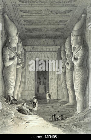 Calcare le statue di Ramses II nel tempio principale di Abu Simbel. Ciascuno detiene crook e agitare, simboli della regalità. Litografia dopo Jules Goury (1803-1834) architetto francese. Archeologia religione mitologia antica egiziana Foto Stock