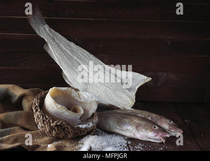 Fresche, salate e secche, Merluzzo bianco Gadus morhua Foto Stock