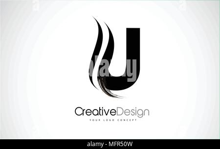 Lettera U Design spazzola corsa di vernice. Lettera con logo nero colpo di pennello. Illustrazione Vettoriale