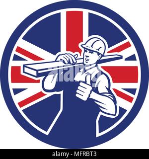 Icona di stile retrò illustrazione di un British lumberyard lavoratore trasportare legname su spalla con il pollice in su con il Regno Unito Regno Unito, Gran Bretagna Unione Ja Illustrazione Vettoriale