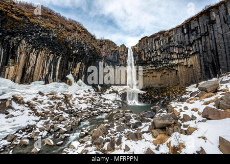 Cascata Svartifoss, nero cade, Fiume Stórilaekur, colonne di basalto, Skaftafell National Park, Regione meridionale Islanda Foto Stock