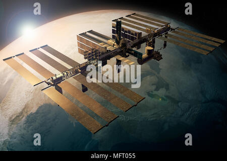 Il rendering 3D della Stazione Spaziale Internazionale in orbita attorno alla terra Foto Stock