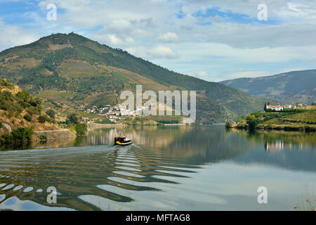 E Covelinhas Folgosa do Douro con Quinta dos Frades sulla destra. Le crociere sul fiume Douro, un sito Patrimonio Mondiale dell'Unesco, Portogallo Foto Stock