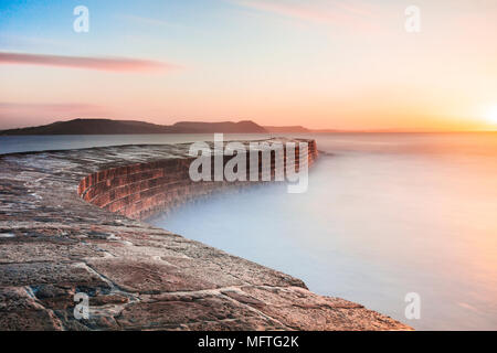 Sunrise oltre il Cobb a Lyme Regis nel Dorset. Foto Stock