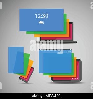 Notebook, smart phone e tablet icone con strati colorati e colorati di tecnologia mobile, IT o di Business modello di illustrazione in modo liberamente Scalable Vector Illustrazione Vettoriale