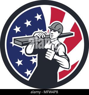 Icona di stile retrò illustrazione di un American lumberyard lavoratore trasportare legname su spalla con il pollice in su con gli Stati Uniti d'America USA star spang Illustrazione Vettoriale