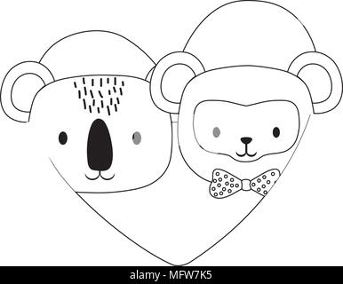 Cuore con la cute e di scimmia koala su sfondo bianco, illustrazione vettoriale Illustrazione Vettoriale