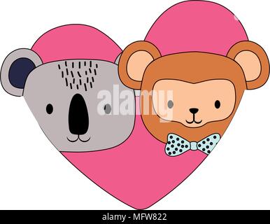 Cuore con la cute e di scimmia koala su sfondo bianco, design colorato. illustrazione vettoriale Illustrazione Vettoriale