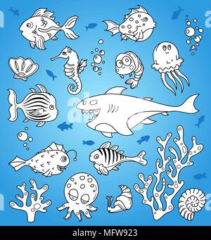 Vita nell'oceano, marino abitanti vettore di contorno impostato Illustrazione Vettoriale