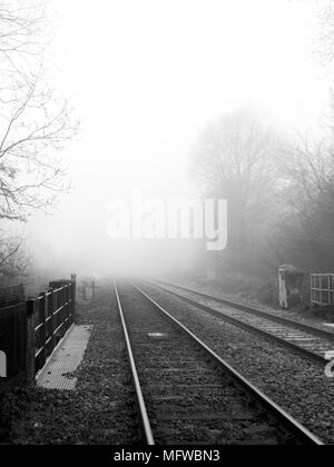 Wessex linea principale di binari ferroviari a West Dean stazione Southampton a Salisbury attraverso Romsey, presa sui primi nebbiosa mattina di primavera Foto Stock