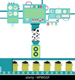 Macchine di trasformazione del carbone grezzo e riporla in una busta. Illustrazione Vettoriale